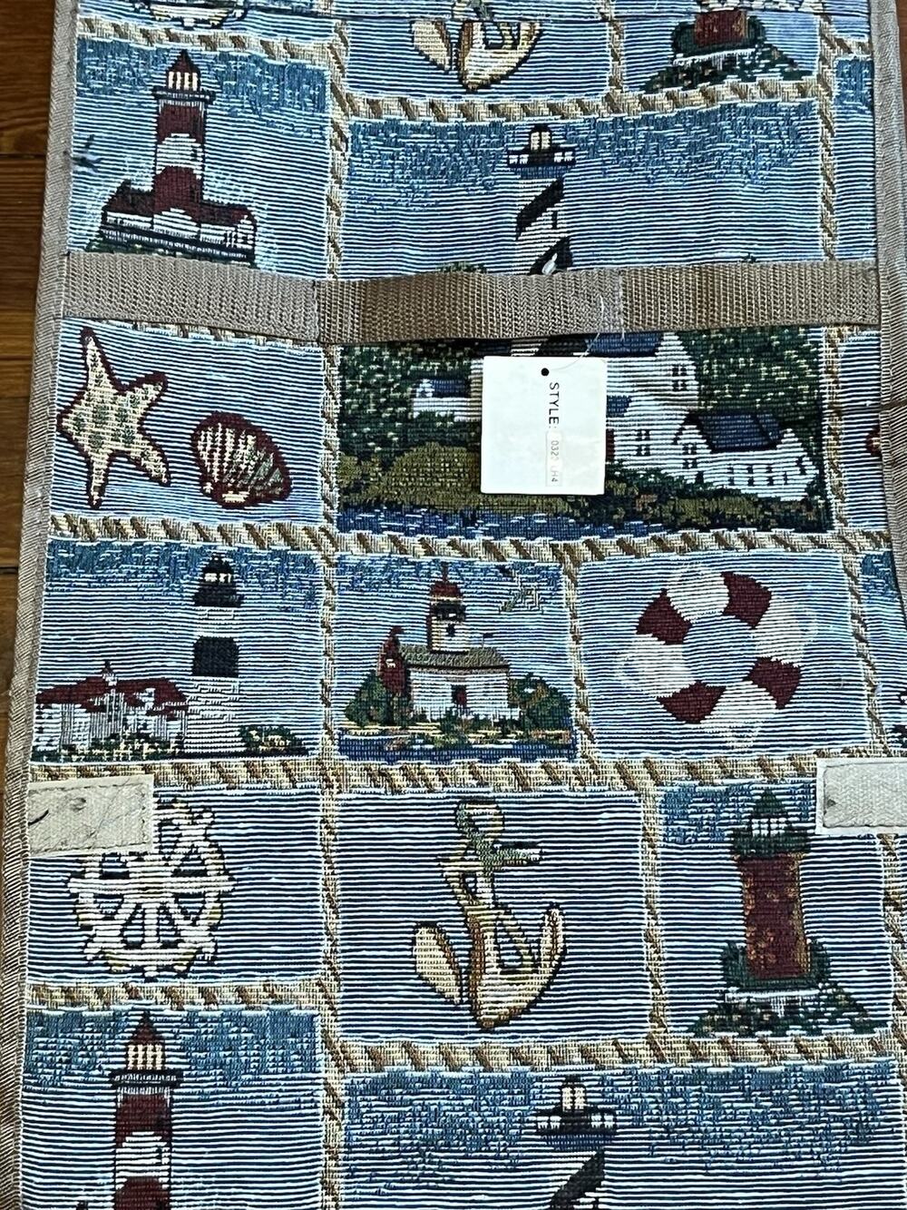 Vintage Nautical Pattern Wheeled Shopping Tote Bag Blue Beige Fabric 24" x 13"